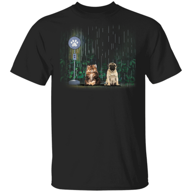 Cat And Pug Under The Rain T-Shirt Cute Animal Cat Lover Pug Shirt Women Apparel For Dog Lovers