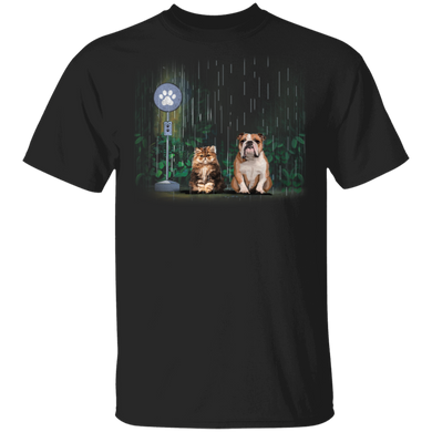Cat And Bulldog Under The Rain T-Shirt Cat Lover Dog Lover Shirt Cute Graphic Tee Animal Lovers