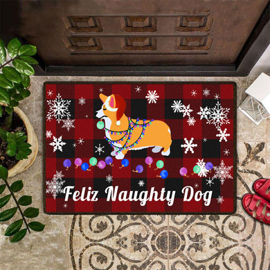 Feliz Naughty Dog Corgi Doormat Buffalo Plaid Doormat Xmas Decor Indoor Gift For Corgi Lover