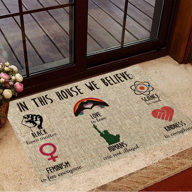 In This House We Believe Doormat Support LGBT BLM Symbols Welcome Mat Gifts For Grandparent