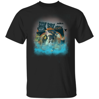 Three Black Cat And Witch Frenchie Halloween Party T-Shirt Halloween Graphic Tee Pet Lovers