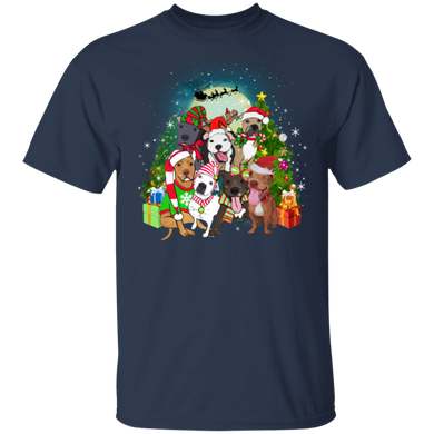 Pitbull With Santa Claus Hat Christmas Tree T-Shirt Xmas Idea Gifts For Dog Owner