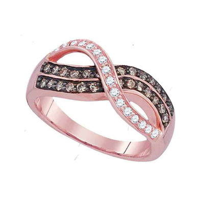 Diamond Band | 10kt Rose Gold Womens Round Brown Diamond Crossover Band Ring 1/2 Cttw |  Splendid Jewellery