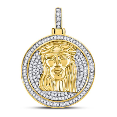 Men's Diamond Charm Pendant |  10kt Yellow Gold Mens Round Diamond Jesus Circle Medallion Charm Pendant 5/8 Cttw |  Splendid Jewellery
