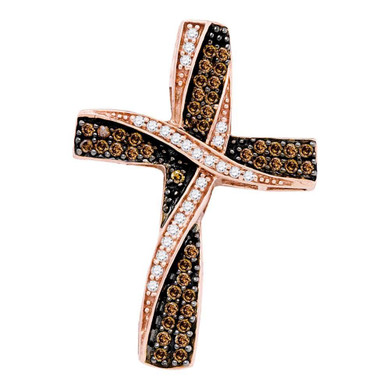 Diamond Cross Pendant |  10kt Rose Gold Womens Round Brown Diamond Cross Pendant 1/2 Cttw |  Splendid Jewellery