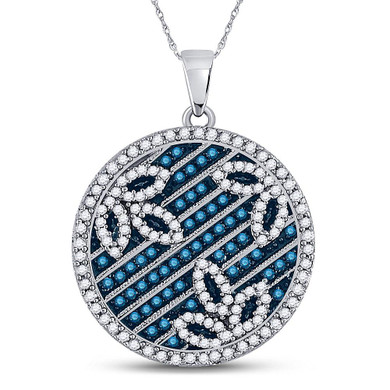 Diamond Circle Pendant |  10kt White Gold Womens Round Blue Color Enhanced Diamond Circle Floral Pendant 3/4 Cttw |  Splendid Jewellery