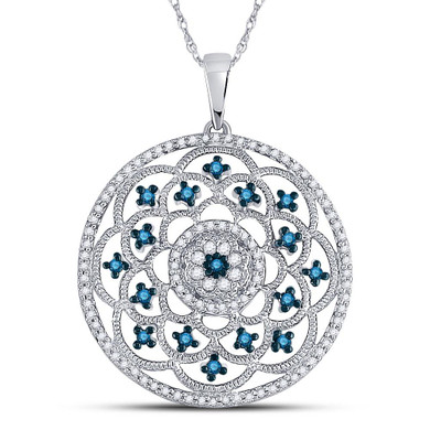 Diamond Circle Pendant |  10kt White Gold Womens Round Blue Color Enhanced Diamond Circle Pendant 1/2 Cttw |  Splendid Jewellery
