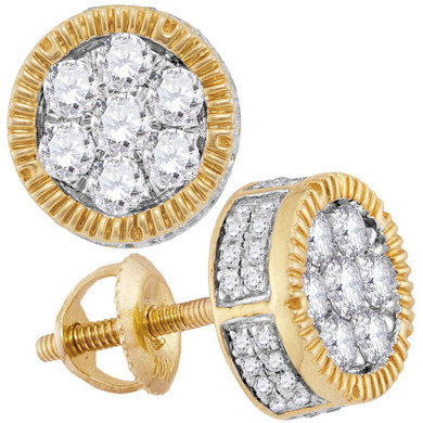Men's Diamond Earrings |  10kt Yellow Gold Mens Mens Unisex Round Diamond Cluster Milgrain Earrings 7/8 Cttw |  Splendid Jewellery