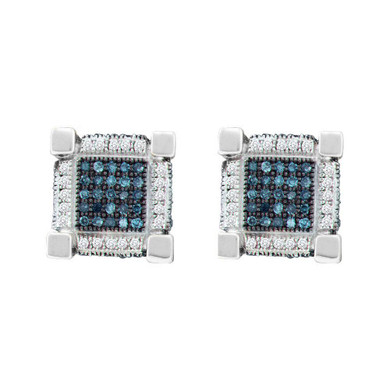 Men's Diamond Earrings |  10kt White Gold Mens Round Blue Color Enhanced Diamond 3D Cube Square Earrings 3/4 Cttw |  Splendid Jewellery