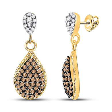Earrings |  10kt Yellow Gold Womens Round Brown Diamond Teardrop Dangle Earrings 1/2 Cttw |  Splendid Jewellery