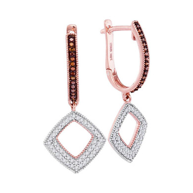 Earrings |  10kt Rose Gold Womens Round Red Color Enhanced Diamond Square Dangle Hoop Earrings 3/8 Cttw |  Splendid Jewellery