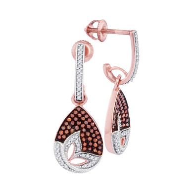 Earrings |  10kt Rose Gold Womens Round Red Color Enhanced Diamond Teardrop Dangle Earrings 3/8 Cttw |  Splendid Jewellery