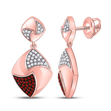 Earrings |  10kt Rose Gold Womens Round Red Color Enhanced Diamond Square Dangle Earrings 1/3 Cttw |  Splendid Jewellery