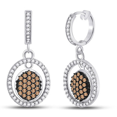 Earrings |  10kt White Gold Womens Round Brown Diamond Oval Frame Dangle Earrings 3/4 Cttw |  Splendid Jewellery
