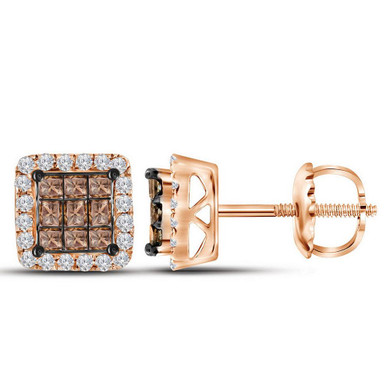 Earrings |  10kt Rose Gold Womens Princess Red Color Enhanced Diamond Square Cluster Earrings 3/4 Cttw |  Splendid Jewellery