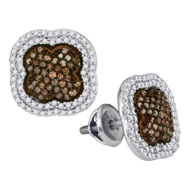 Earrings |  10kt White Gold Womens Round Brown Diamond Quatrefoil Cluster Earrings 3/4 Cttw |  Splendid Jewellery