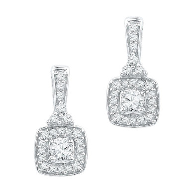 Earrings |  10kt White Gold Womens Round Diamond Square Dangle Earrings 1/2 Cttw |  Splendid Jewellery