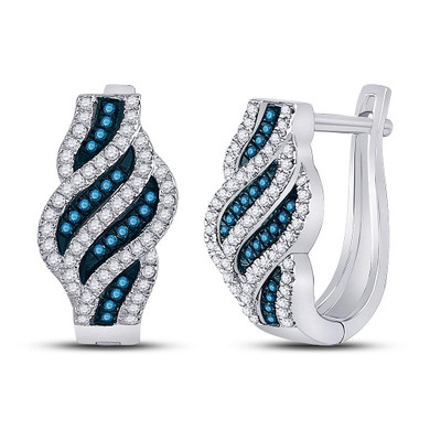 Earrings |  10kt White Gold Womens Round Blue Color Enhanced Diamond Spiral Stripe Hoop Earrings 1/3 Cttw |  Splendid Jewellery