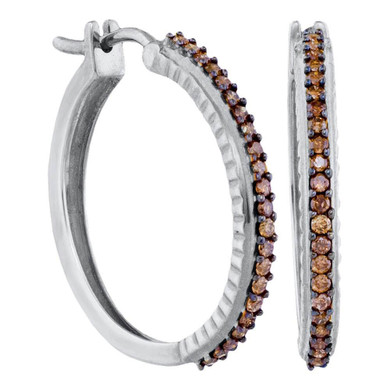 Earrings |  10kt White Gold Womens Round Brown Diamond Single Row Hoop Earrings 1/2 Cttw |  Splendid Jewellery