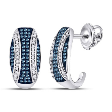 Earrings |  10kt White Gold Womens Round Blue Color Enhanced Diamond Half J Hoop Earrings 3/8 Cttw |  Splendid Jewellery