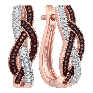Earrings |  10kt Rose Gold Womens Round Red Color Enhanced Diamond Woven Hoop Earrings 1/4 Cttw |  Splendid Jewellery