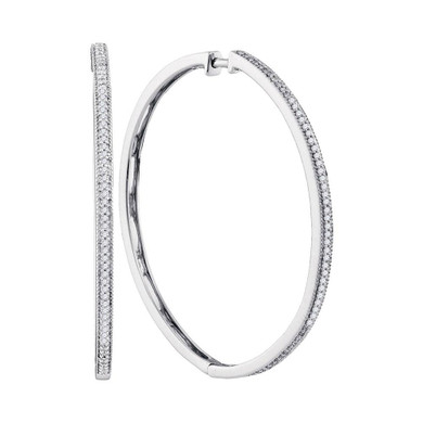Earrings |  10kt White Gold Womens Round Diamond Slender Large Milgrain Hoop Earrings 1/3 Cttw |  Splendid Jewellery