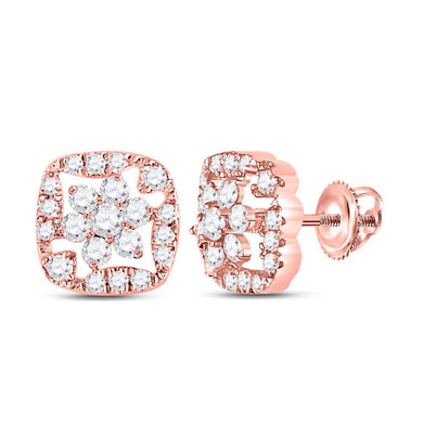Earrings |  14kt Rose Gold Womens Round Diamond Square Floral Cluster Earrings 3/8 Cttw |  Splendid Jewellery