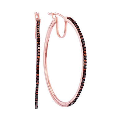 Earrings |  10kt Rose Gold Womens Round Red Color Enhanced Diamond Slender Hoop Earrings 1/4 Cttw |  Splendid Jewellery