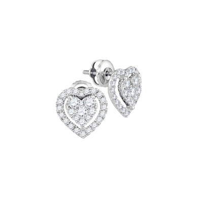 Earrings |  14kt White Gold Womens Round Diamond Heart Frame Cluster Stud Earrings 3/4 Cttw |  Splendid Jewellery