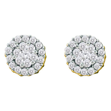 Earrings |  14kt Yellow Gold Womens Round Diamond Flower Cluster Earrings 3/4 Cttw |  Splendid Jewellery