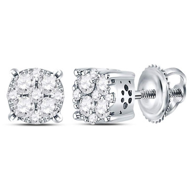 Earrings |  14kt White Gold Womens Round Diamond Cluster Earrings 1/2 Cttw |  Splendid Jewellery
