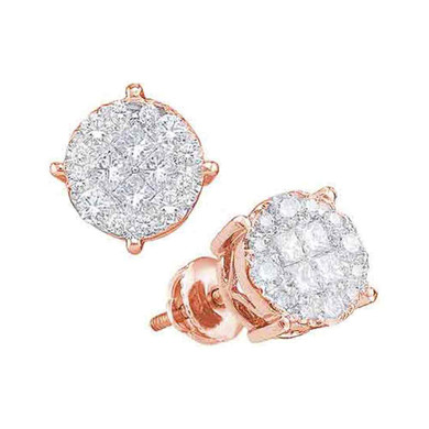 Earrings |  14kt Rose Gold Womens Princess Round Diamond Fashion Cluster Earrings 1/2 Cttw |  Splendid Jewellery