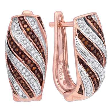 Earrings |  10kt Rose Gold Womens Round Red Color Enhanced Diamond Diagonal Stripe Hoop Earrings 1/3 Cttw |  Splendid Jewellery