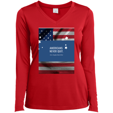 Ladies' LS Performance V-Neck T-Shirt Americans Never Quit