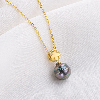 18k Gold Natural Cultured Tahitian Black Pearl Pendant Necklac with Silver Chain