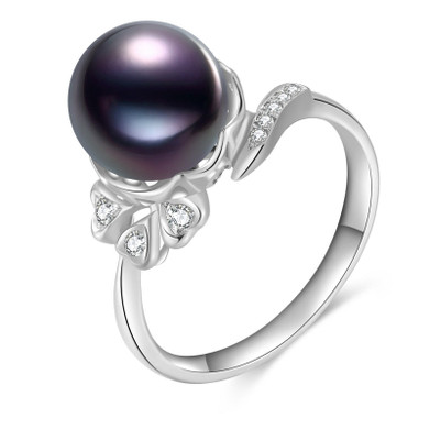 18K Solid Gold Natural 0.103ct Diamond (G-H, SI1-SI2)Tahitian Black Pearl 9mm Ring