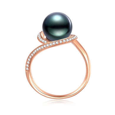 18K Solid Gold Natural 0.221ct Diamond (G-H, SI1-SI2) Tahitian Black Pearl 9mm Ring