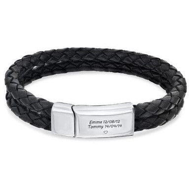 Engraved Men Bracelet With Black Leather