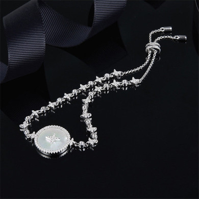 Charm Star Mother Shell Created Diamond Sterling Silver Bracelet