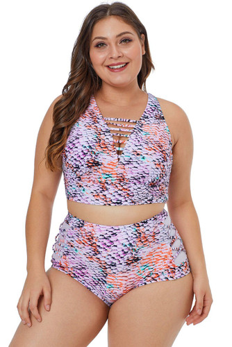 Plus Size Multicolored Neck Detail Two Piece Swimwear