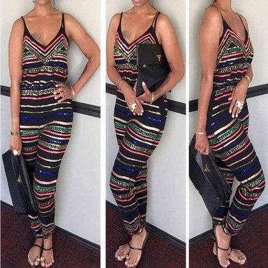 Stripe Printed V-neck Sleeveless Playsuit