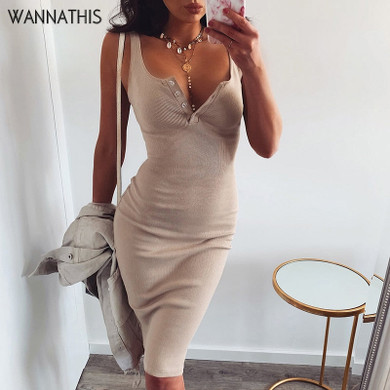 WannaThis Knee-Length Dress Knitted Elastic Sleeveless Bodycon elegant Women 2019 Summer Sexy V-Neck Button Party Slim Dresses WannaThis Knee-Length Dress Knitted Elastic Sleeveless Bodycon elegant Women 2019 Summer Sexy V-Neck Button Party Slim Dresses