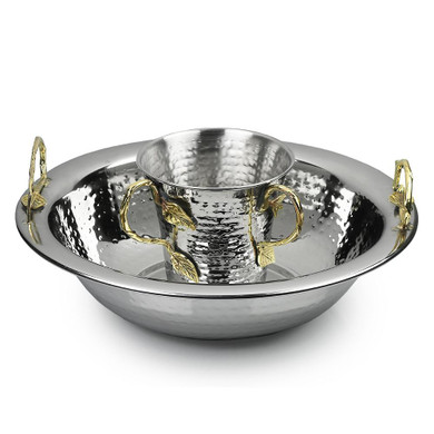 Washing Cup and Bowl Hammered Brass Leaf Handle Set