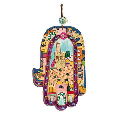 Large Wooden Painted Hamsa - Jerusalem