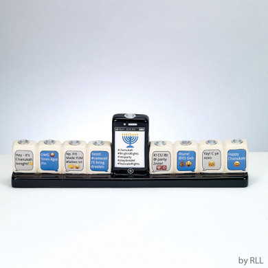 "texting Menorah", Hand Painted Ceramic, 10" X 5", Color Box