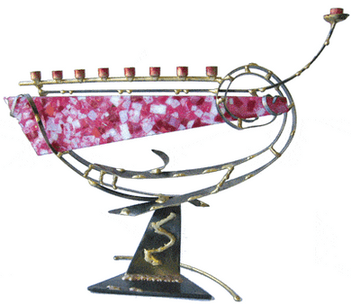 Glass Ribbon Breast Cancer Awareness Menorah By Gary Rosenthal In Purple,multi-Colored,silver Size: 15X8X19