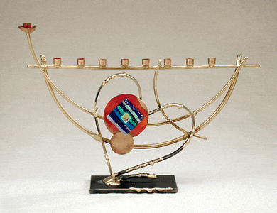 Heart Menorah By Gary Rosenthal In Multi-Colored,black,red,gold Size: 10Hx14Ls3W