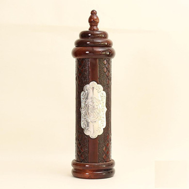 Purim Megillah Scroll Case Wood and Genuine Leather Emboss With Silver Purim Megillah Scroll Case Wood and Genuine Leather Emboss With Silver