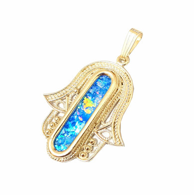 Filigree Silver or Gold Roman Glass Column Hamsa Pendant