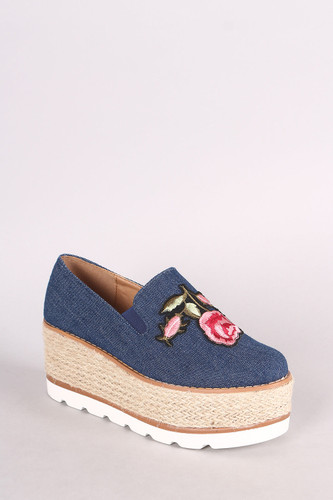Embroidered Floral Denim Espadrille Flatform Loafer